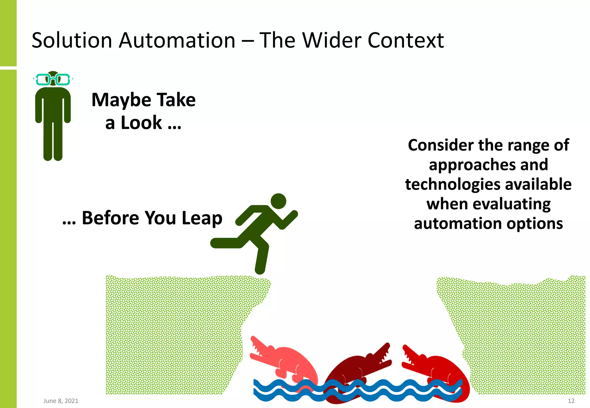 Solution Automation – The Wider Context
June 8, 2021 12
Maybe Take
a Look …
… Before You Leap
Consider the range of
approaches and
technologies available
when evaluating
automation options
 