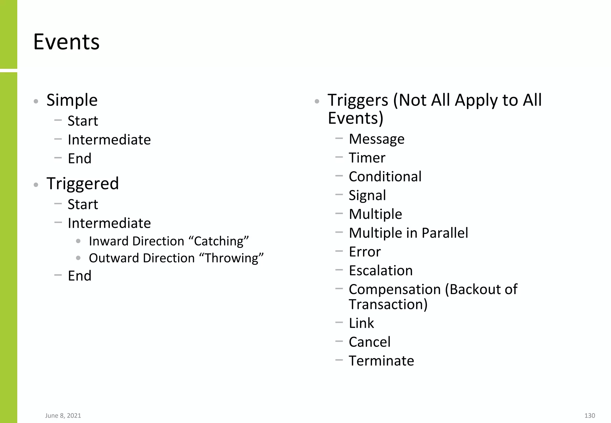 June 8, 2021 130
Events
• Simple
− Start
− Intermediate
− End
• Triggered
− Start
− Intermediate
• Inward Direction “Catching”
• Outward Direction “Throwing”
− End
• Triggers (Not All Apply to All
Events)
− Message
− Timer
− Conditional
− Signal
− Multiple
− Multiple in Parallel
− Error
− Escalation
− Compensation (Backout of
Transaction)
− Link
− Cancel
− Terminate
 