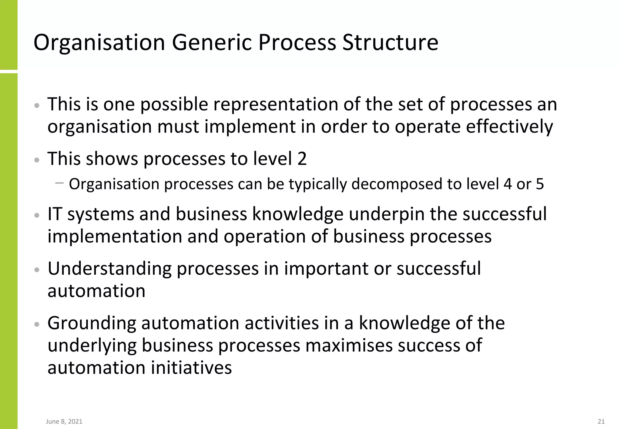 Organisation Generic Process Structure
• This is one possible representation of the set of processes an
organisation must implement in order to operate effectively
• This shows processes to level 2
− Organisation processes can be typically decomposed to level 4 or 5
• IT systems and business knowledge underpin the successful
implementation and operation of business processes
• Understanding processes in important or successful
automation
• Grounding automation activities in a knowledge of the
underlying business processes maximises success of
automation initiatives
June 8, 2021 21
 