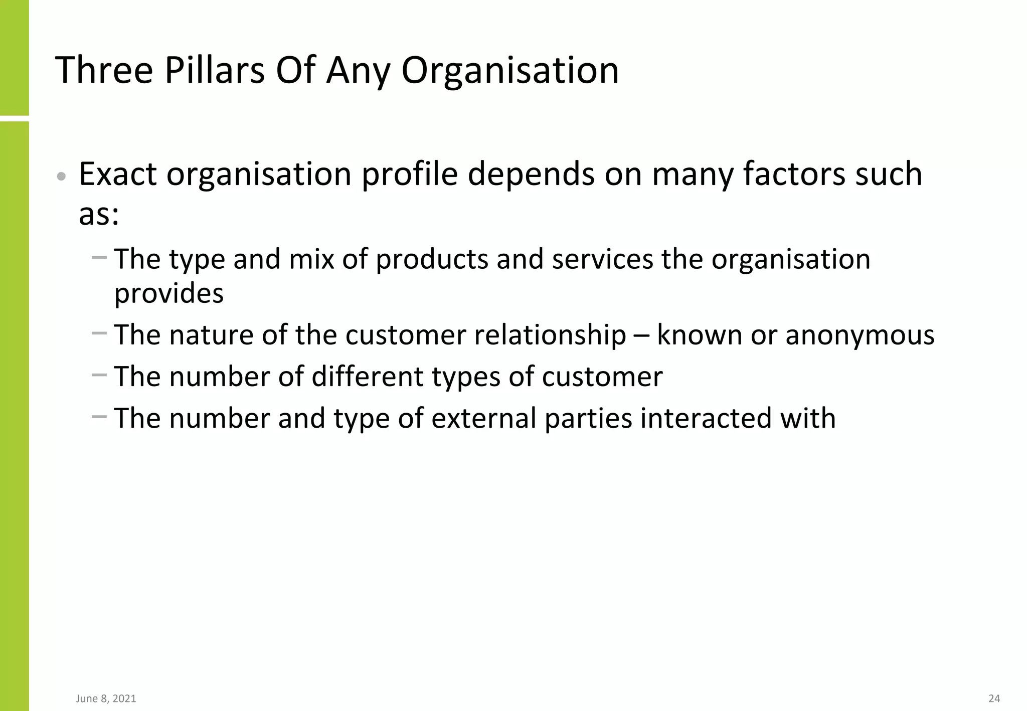 Three Pillars Of Any Organisation
• Exact organisation profile depends on many factors such
as:
− The type and mix of products and services the organisation
provides
− The nature of the customer relationship – known or anonymous
− The number of different types of customer
− The number and type of external parties interacted with
June 8, 2021 24
 