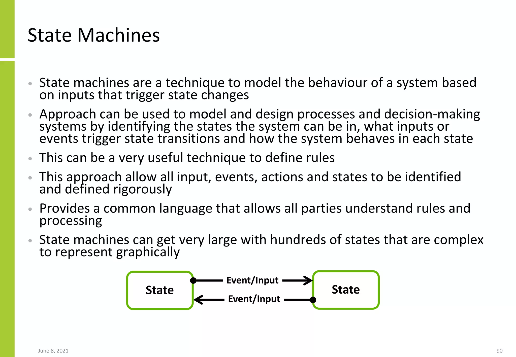 State Machines
• State machines are a technique to model the behaviour of a system based
on inputs that trigger state changes
• Approach can be used to model and design processes and decision-making
systems by identifying the states the system can be in, what inputs or
events trigger state transitions and how the system behaves in each state
• This can be a very useful technique to define rules
• This approach allow all input, events, actions and states to be identified
and defined rigorously
• Provides a common language that allows all parties understand rules and
processing
• State machines can get very large with hundreds of states that are complex
to represent graphically
June 8, 2021 90
State State
Event/Input
Event/Input
 