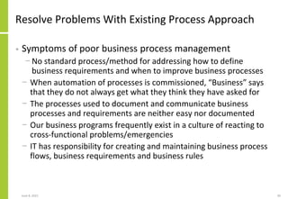 June 8, 2021 30
Resolve Problems With Existing Process Approach
• Symptoms of poor business process management
− No standa...