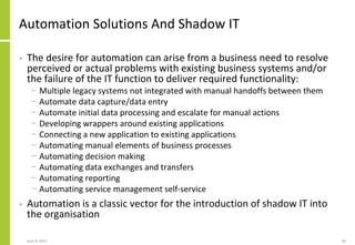 Automation Solutions And Shadow IT
• The desire for automation can arise from a business need to resolve
perceived or actu...