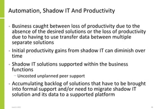 Automation, Shadow IT And Productivity
• Business caught between loss of productivity due to the
absence of the desired so...