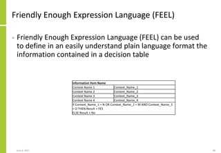 Friendly Enough Expression Language (FEEL)
• Friendly Enough Expression Language (FEEL) can be used
to define in an easily...