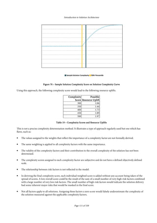 Introduction to Solution Architecture
Page 111 of 538
FigureFigureFigureFigure 70707070 –––– Sample Solution Complexity Score on Solution Complexity CurveSample Solution Complexity Score on Solution Complexity CurveSample Solution Complexity Score on Solution Complexity CurveSample Solution Complexity Score on Solution Complexity Curve
Using this approach, the following complexity score would lead to the following resource uplifts.
ComplexityComplexityComplexityComplexity
ScoreScoreScoreScore
PossiblePossiblePossiblePossible
ResourceResourceResourceResource UpliftUpliftUpliftUplift
300 1.06
350 1.44
400 1.73
450 1.89
500 1.97
TableTableTableTable 19191919 –––– Complexity Scores and Resource UpliftsComplexity Scores and Resource UpliftsComplexity Scores and Resource UpliftsComplexity Scores and Resource Uplifts
This is not a precise complexity determination method. It illustrates a type of approach regularly used but one which has
flaws, such as:
• The values assigned to the weights that reflect the importance of a complexity factor are not formally derived.
• The same weighting is applied to all complexity factors with the same importance.
• The validity of the complexity factors and their contribution to the overall complexity of the solution has not been
determined.
• The complexity scores assigned to each complexity factor are subjective and do not have a defined objectively defined
scale.
• The relationship between risk factors is not reflected in the model.
• In deriving the final complexity score, each individual weighted score is added without any account being taken of the
spread of scores. A low overall score could be the result of the sum of a small number of very high-risk factors combined
with a large number of very low risk factors. The small number of high-risk factors would indicate the solution delivery
had some inherent major risks that would be masked in the final score.
• Not all factors apply to all solutions. Assigning these factors a zero score would falsely underestimate the complexity of
the solution measured against the applicable complexity factors.
 