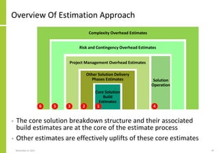 Overview Of Estimation Approach
• The core solution breakdown structure and their associated
build estimates are at the core of the estimate process
• Other estimates are effectively uplifts of these core estimates
November 8, 2022 29
Core Solution
Build
Estimates
Other Solution Delivery
Phases Estimates
Project Management Overhead Estimates
Solution
Operation
Risk and Contingency Overhead Estimates
Complexity Overhead Estimates
1
2
3 4
5
6
 