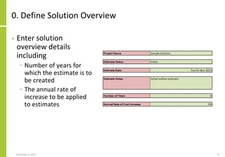 0. Define Solution Overview
• Enter solution
overview details
including
− Number of years for
which the estimate is to
be created
− The annual rate of
increase to be applied
to estimates
November 8, 2022 31
 