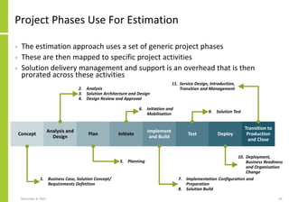 Project Phases Use For Estimation
• The estimation approach uses a set of generic project phases
• These are then mapped to specific project activities
• Solution delivery management and support is an overhead that is then
prorated across these activities
November 8, 2022 63
Concept
Analysis and
Design
Plan Initiate
Implement
and Build
Test Deploy
Transition to
Production
and Close
1. Business Case, Solution Concept/
Requirements Definition
2. Analysis
3. Solution Architecture and Design
4. Design Review and Approval
5. Planning
6. Initiation and
Mobilisation
7. Implementation Configuration and
Preparation
8. Solution Build
9. Solution Test
10. Deployment,
Business Readiness
and Organisation
Change
11. Service Design, Introduction,
Transition and Management
 