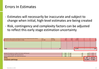 Errors In Estimates
• Estimates will necessarily be inaccurate and subject to
change when initial, high-level estimates are being created
• Risk, contingency and complexity factors can be adjusted
to reflect this early stage estimation uncertainty
November 8, 2022 97
 