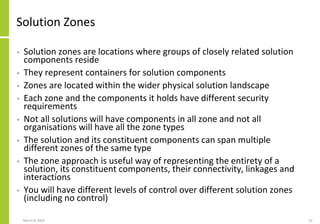 Solution Zones
• Solution zones are locations where groups of closely related solution
components reside
• They represent containers for solution components
• Zones are located within the wider physical solution landscape
• Each zone and the components it holds have different security
requirements
• Not all solutions will have components in all zone and not all
organisations will have all the zone types
• The solution and its constituent components can span multiple
different zones of the same type
• The zone approach is useful way of representing the entirety of a
solution, its constituent components, their connectivity, linkages and
interactions
• You will have different levels of control over different solution zones
(including no control)
March 8, 2022 22
 