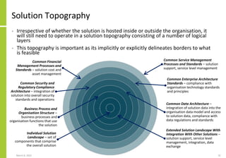 Solution Topography
• Irrespective of whether the solution is hosted inside or outside the organisation, it
will still need to operate in a solution topography consisting of a number of logical
layers
• This topography is important as its implicitly or explicitly delineates borders to what
is feasible
March 8, 2022 32
Common Service Management
Processes and Standards – solution
support, service level management
Common Financial
Management Processes and
Standards – solution cost and
asset management
Common Enterprise Architecture
Standards – compliance with
organisation technology standards
and principles
Common Security and
Regulatory Compliance
Architecture – integration of
solution into overall security
standards and operations
Common Data Architecture –
integration of solution data into the
organisation data model and access
to solution data, compliance with
data regulations and standards
Business Process and
Organisation Structure –
business processes and
organisation functions that use
the solution
Extended Solution Landscape With
Integration With Other Solutions –
solution support, service level
management, integration, data
exchange
Individual Solution
Landscape – set of
components that comprise
the overall solution
 