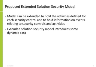 Proposed Extended Solution Security Model
• Model can be extended to hold the activities defined for
each security control and to hold information on events
relating to security controls and activities
• Extended solution security model introduces some
dynamic data
March 8, 2022 7
 