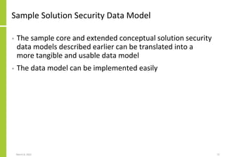 Sample Solution Security Data Model
• The sample core and extended conceptual solution security
data models described earlier can be translated into a
more tangible and usable data model
• The data model can be implemented easily
March 8, 2022 72
 