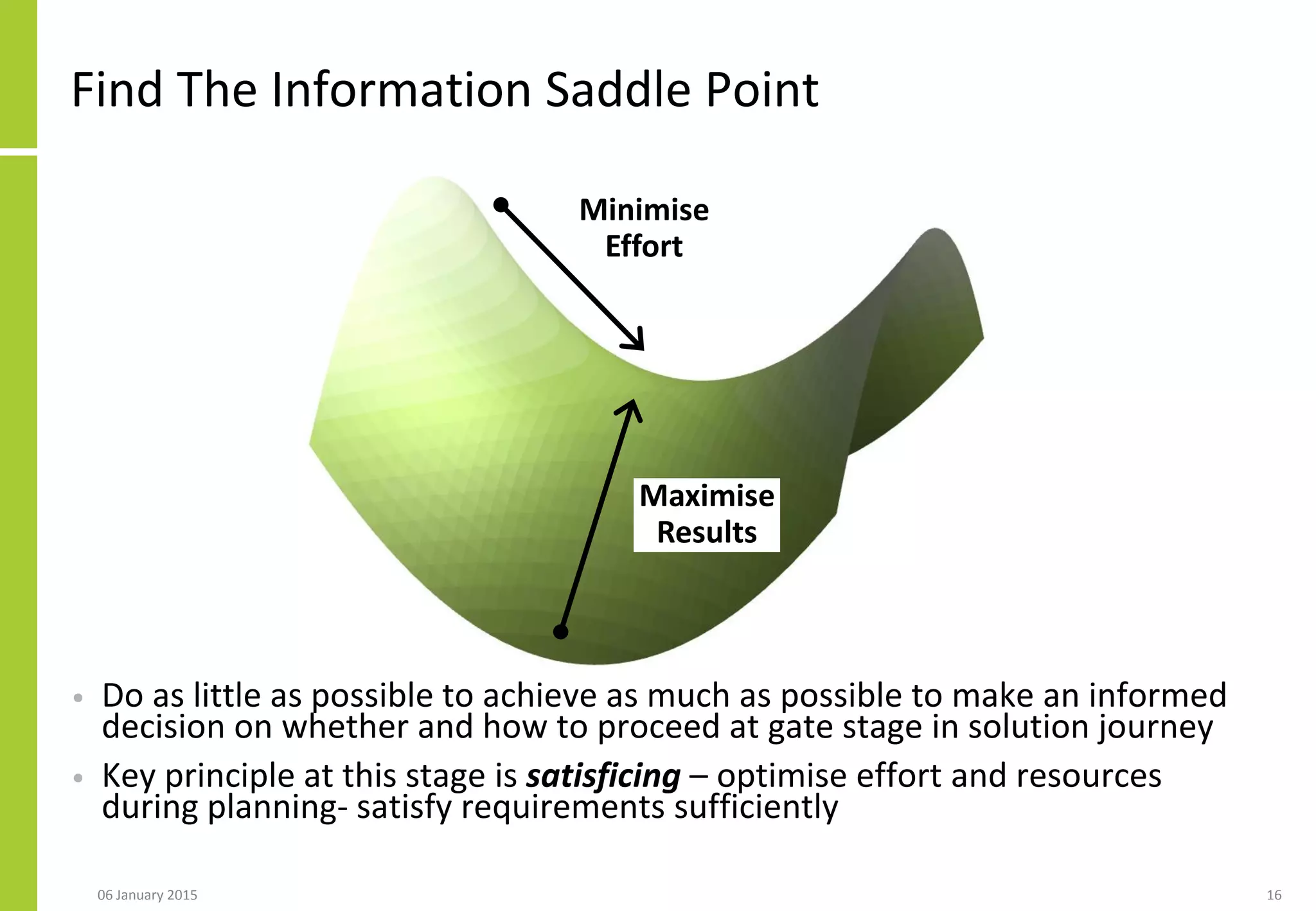 Find The Information Saddle Point
• Do as little as possible to achieve as much as possible to make an informed
decision on whether and how to proceed at gate stage in solution journey
• Key principle at this stage is satisficing – optimise effort and resources
during planning- satisfy requirements sufficiently
06 January 2015 16
Minimise
Effort
Maximise
Results
 