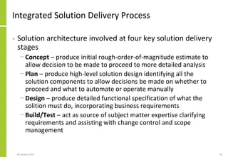 Integrated Solution Delivery Process
• Solution architecture involved at four key solution delivery
stages
− Concept – produce initial rough-order-of-magnitude estimate to
allow decision to be made to proceed to more detailed analysis
− Plan – produce high-level solution design identifying all the
solution components to allow decisions be made on whether to
proceed and what to automate or operate manually
− Design – produce detailed functional specification of what the
solition must do, incorporating business requirements
− Build/Test – act as source of subject matter expertise clarifying
requirements and assisting with change control and scope
management
06 January 2015 10
 