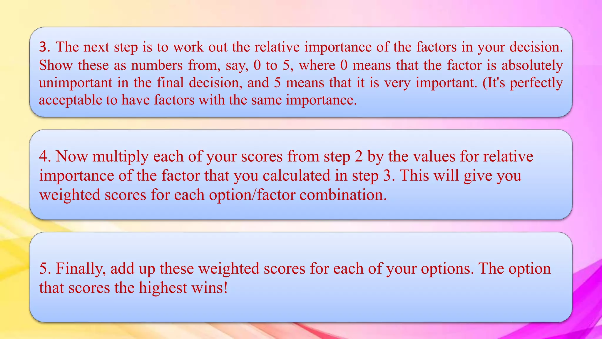 3. The next step is to work out the relative importance of the factors in your decision.
Show these as numbers from, say, 0 to 5, where 0 means that the factor is absolutely
unimportant in the final decision, and 5 means that it is very important. (It's perfectly
acceptable to have factors with the same importance.
4. Now multiply each of your scores from step 2 by the values for relative
importance of the factor that you calculated in step 3. This will give you
weighted scores for each option/factor combination.
5. Finally, add up these weighted scores for each of your options. The option
that scores the highest wins!
 