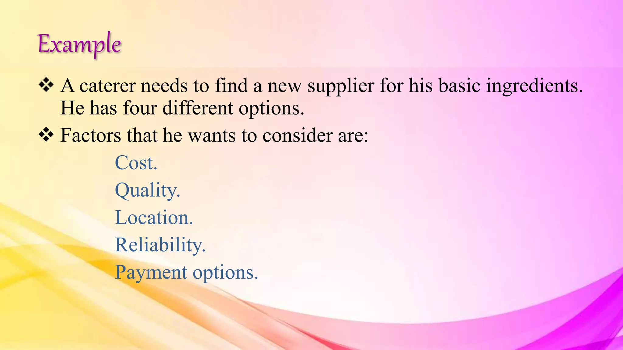 Example
 A caterer needs to find a new supplier for his basic ingredients.
He has four different options.
 Factors that he wants to consider are:
Cost.
Quality.
Location.
Reliability.
Payment options.
 
