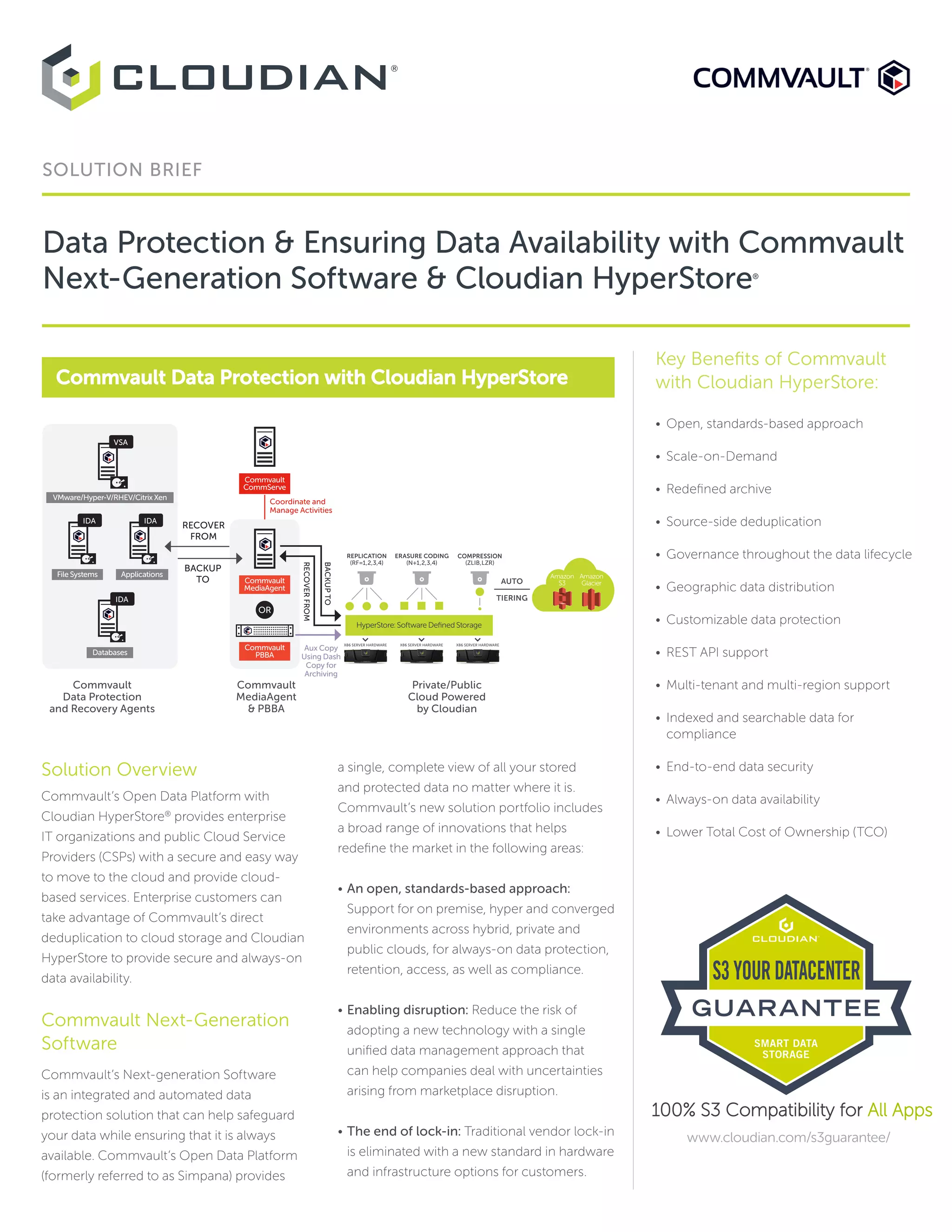 Commvault
CommServe
Coordinate and
Manage Activities
Solution Overview
Commvault’s Open Data Platform with
Cloudian HyperStore®
provides enterprise
IT organizations and public Cloud Service
Providers (CSPs) with a secure and easy way
to move to the cloud and provide cloud-
based services. Enterprise customers can
take advantage of Commvault’s direct
deduplication to cloud storage and Cloudian
HyperStore to provide secure and always-on
data availability.
Commvault Next-Generation
Software
Commvault’s Next-generation Software
is an integrated and automated data
protection solution that can help safeguard
your data while ensuring that it is always
available. Commvault’s Open Data Platform
(formerly referred to as Simpana) provides
a single, complete view of all your stored
and protected data no matter where it is.
Commvault’s new solution portfolio includes
a broad range of innovations that helps
redefine the market in the following areas:
•	 An open, standards-based approach:
Support for on premise, hyper and converged
environments across hybrid, private and
public clouds, for always-on data protection,
retention, access, as well as compliance.
•	 Enabling disruption: Reduce the risk of
adopting a new technology with a single
unified data management approach that
can help companies deal with uncertainties
arising from marketplace disruption.
•	 The end of lock-in: Traditional vendor lock-in
is eliminated with a new standard in hardware
and infrastructure options for customers.
Key Benefits of Commvault
with Cloudian HyperStore:
• 	Open, standards-based approach
• 	 Scale-on-Demand
• 	Redefined archive
• 	Source-side deduplication
• 	Governance throughout the data lifecycle
• 	Geographic data distribution
• 	Customizable data protection
• 	REST API support
• 	Multi-tenant and multi-region support
• 	Indexed and searchable data for
compliance
• 	End-to-end data security
• 	Always-on data availability
• 	Lower Total Cost of Ownership (TCO)
SOLUTION BRIEF
Data Protection & Ensuring Data Availability with Commvault
Next-Generation Software & Cloudian HyperStore®
Commvault Data Protection with Cloudian HyperStore
www.cloudian.com/s3guarantee/
Commvault
Data Protection
and Recovery Agents
Commvault
MediaAgent
& PBBA
RECOVER
FROM
BACKUP
TO
Private/Public
Cloud Powered
by Cloudian
HyperStore: Software Defined Storage
Amazon
S3
Amazon
GlacierAUTO
TIERING
Commvault
PBBA
Commvault
MediaAgent
VSA
VMware/Hyper-V/RHEV/Citrix Xen
Applications
IDAIDA
File Systems
Databases
IDA
OR
Aux Copy
Using Dash
Copy for
Archiving
RECOVERFROM
BACKUPTO
100% S3 Compatibility for All Apps
 