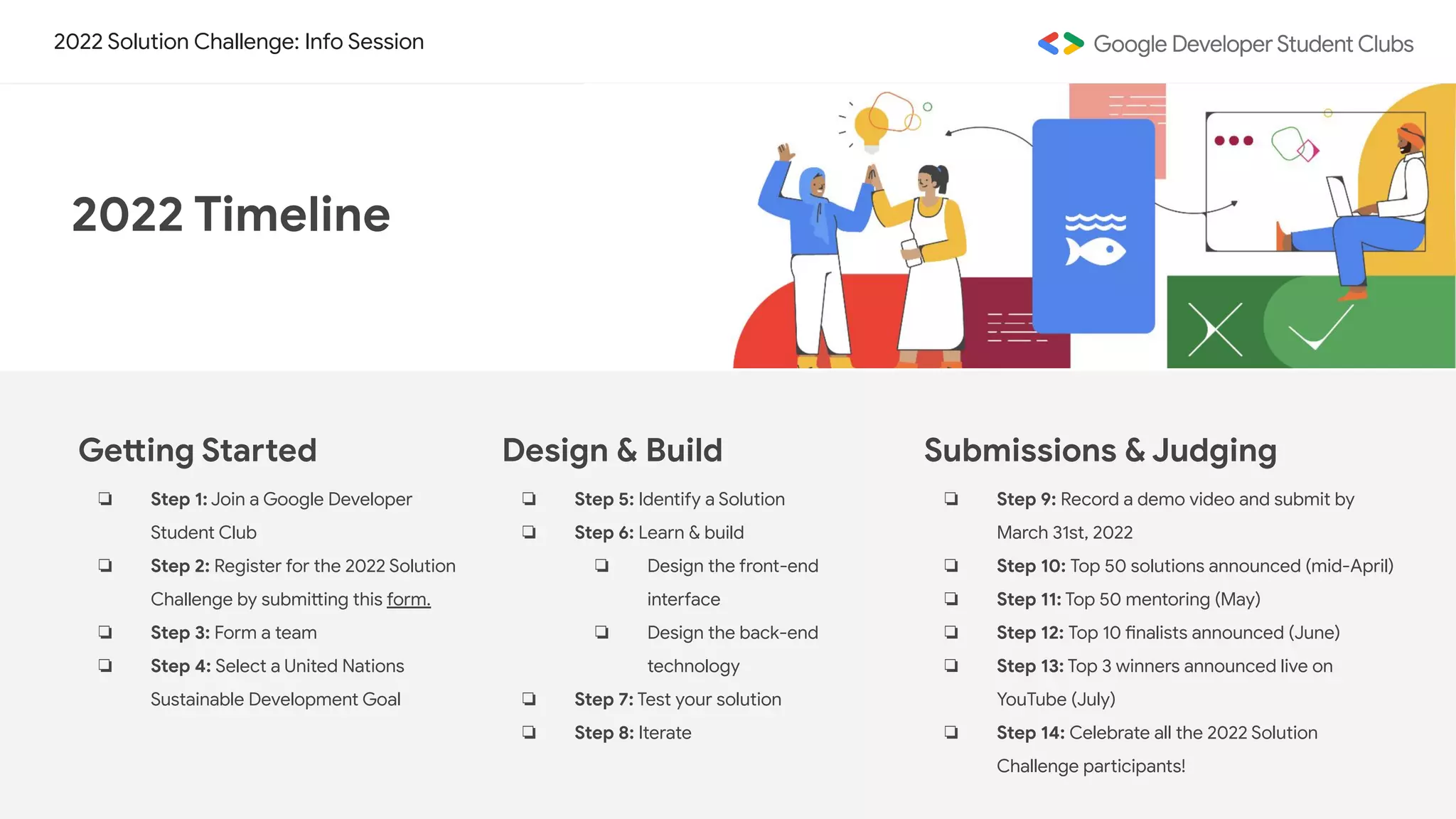 2022 Solution Challenge: Info Session
Getting Started
❏ Step 1: Join a Google Developer
Student Club
❏ Step 2: Register for the 2022 Solution
Challenge by submitting this form.
❏ Step 3: Form a team
❏ Step 4: Select a United Nations
Sustainable Development Goal
Design & Build
❏ Step 5: Identify a Solution
❏ Step 6: Learn & build
❏ Design the front-end
interface
❏ Design the back-end
technology
❏ Step 7: Test your solution
❏ Step 8: Iterate
Submissions & Judging
❏ Step 9: Record a demo video and submit by
March 31st, 2022
❏ Step 10: Top 50 solutions announced (mid-April)
❏ Step 11: Top 50 mentoring (May)
❏ Step 12: Top 10 finalists announced (June)
❏ Step 13: Top 3 winners announced live on
YouTube (July)
❏ Step 14: Celebrate all the 2022 Solution
Challenge participants!
2022 Timeline
 