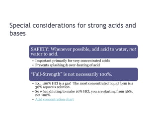 Special considerations for strong acids and
bases
SAFETY: Whenever possible, add acid to water, not
water to acid.
• Important primarily for very concentrated acids
• Prevents splashing & over-heating of acid
“Full-Strength” is not necessarily 100%.
• Ex.: 100% HCl is a gas! The most concentrated liquid form is a
36% aqueous solution.
• So when diluting to make 10% HCl, you are starting from 36%,
not 100%.
• Acid concentration chart
 