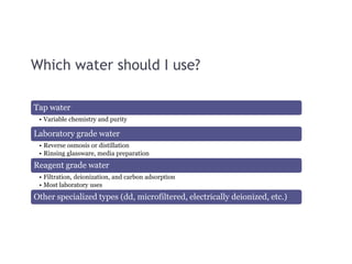 Which water should I use?
Tap water
• Variable chemistry and purity
Laboratory grade water
• Reverse osmosis or distillation
• Rinsing glassware, media preparation
Reagent grade water
• Filtration, deionization, and carbon adsorption
• Most laboratory uses
Other specialized types (dd, microfiltered, electrically deionized, etc.)
 