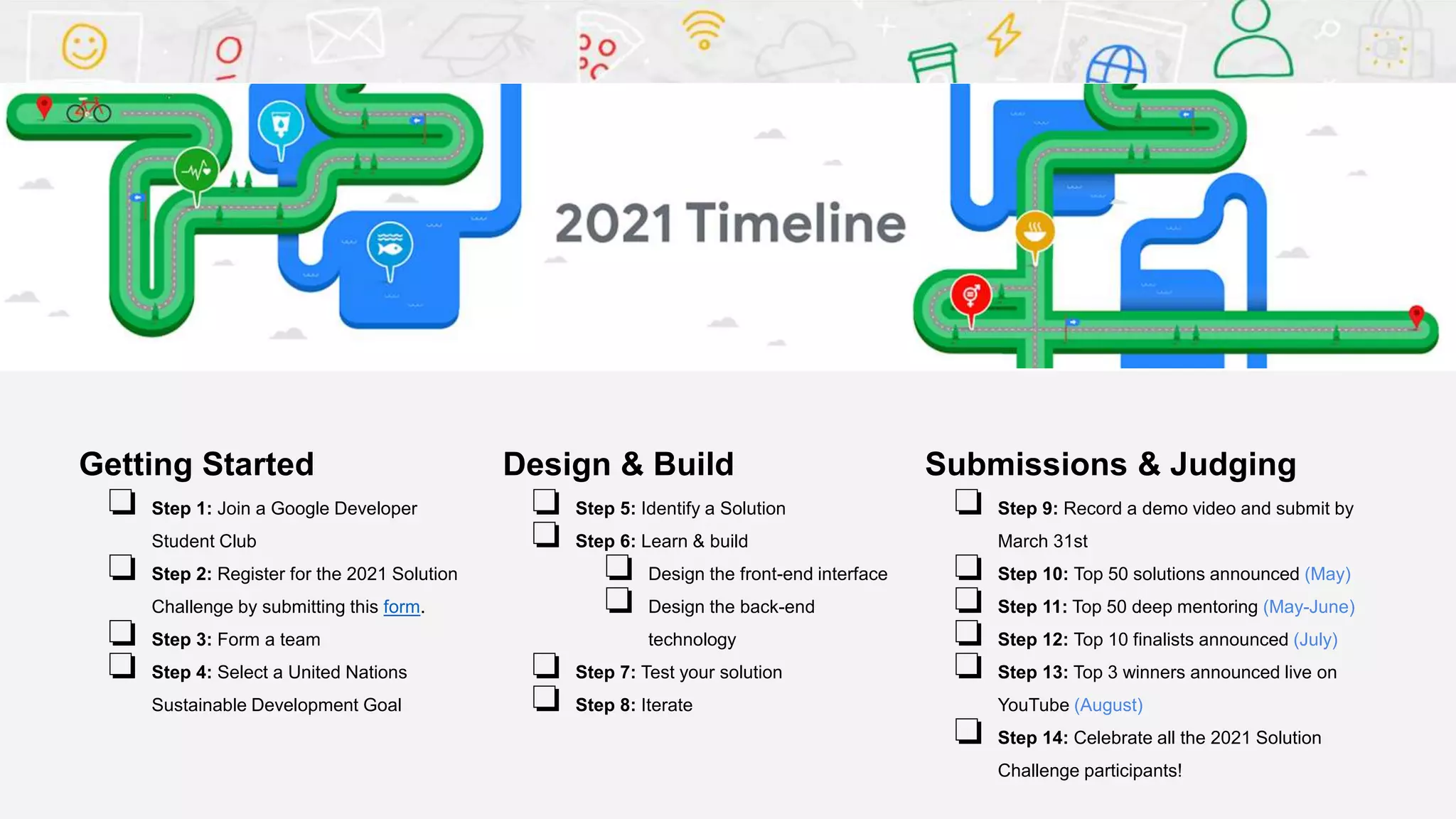 Getting Started
❏ Step 1: Join a Google Developer
Student Club
❏ Step 2: Register for the 2021 Solution
Challenge by submitting this form.
❏ Step 3: Form a team
❏ Step 4: Select a United Nations
Sustainable Development Goal
Design & Build
❏ Step 5: Identify a Solution
❏ Step 6: Learn & build
❏ Design the front-end interface
❏ Design the back-end
technology
❏ Step 7: Test your solution
❏ Step 8: Iterate
Submissions & Judging
❏ Step 9: Record a demo video and submit by
March 31st
❏ Step 10: Top 50 solutions announced (May)
❏ Step 11: Top 50 deep mentoring (May-June)
❏ Step 12: Top 10 finalists announced (July)
❏ Step 13: Top 3 winners announced live on
YouTube (August)
❏ Step 14: Celebrate all the 2021 Solution
Challenge participants!
 