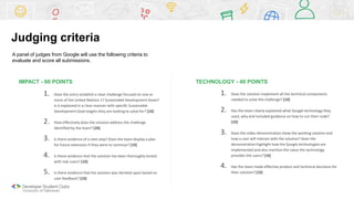 IMPACT - 60 POINTS
1. Does the entry establish a clear challenge focused on one or
more of the United Nations 17 Sustainable Development Goals?
Is it explained in a clear manner with specific Sustainable
Development Goal targets they are looking to solve for? [10]
2. How effectively does the solution address the challenge
identified by the team? [20]
3. Is there evidence of a next step? Does the team display a plan
for future extension if they were to continue? [10]
4. Is there evidence that the solution has been thoroughly tested
with real users? [10]
5. Is there evidence that the solution was iterated upon based on
user feedback? [10]
TECHNOLOGY - 40 POINTS
1. Does the solution implement all the technical components
needed to solve the challenge? [10]
2. Has the team clearly explained what Google technology they
used, why and included guidance on how to run their code?
[10]
3. Does the video demonstration show the working solution and
how a user will interact with the solution? Does the
demonstration highlight how the Google technologies are
implemented and also mention the value the technology
provides the users? [10]
4. Has the team made effective product and technical decisions for
their solution? [10]
A panel of judges from Google will use the following criteria to
evaluate and score all submissions.
Judging criteria
 