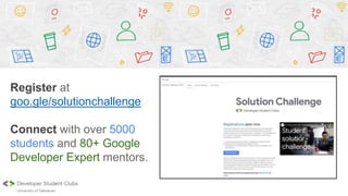 Proprietary + Confidential
Register at
goo.gle/solutionchallenge
Connect with over 5000
students and 80+ Google
Developer Expert mentors.
 