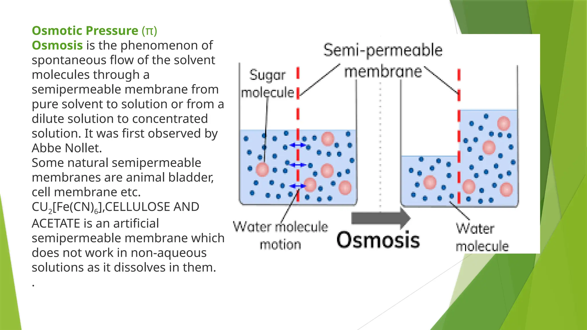 Osmotic Pressure (π)
Osmosis is the phenomenon of
spontaneous flow of the solvent
molecules through a
semipermeable membrane from
pure solvent to solution or from a
dilute solution to concentrated
solution. It was first observed by
Abbe Nollet.
Some natural semipermeable
membranes are animal bladder,
cell membrane etc.
CU2[Fe(CN)6],CELLULOSE AND
ACETATE is an artificial
semipermeable membrane which
does not work in non-aqueous
solutions as it dissolves in them.
.
 