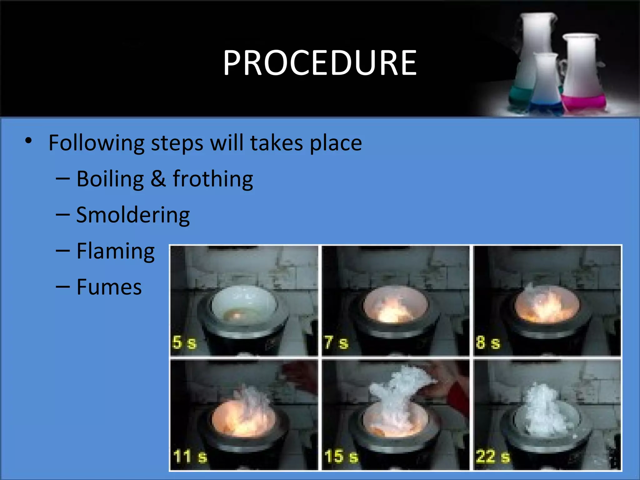 PROCEDURE
• Following steps will takes place
– Boiling & frothing
– Smoldering
– Flaming
– Fumes

 
