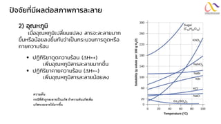 ปัจจัยที่มีผลต่อสภำพกำรละลำย
2) อุณหภูมิ
เมื่ออุณหภูมิเปลี่ยนแปลง สารจะละลายมาก
ขึ้นหรือน้อยลงขึ้นกับว่าเป็นกระบวนการดูดหรือ
คายความร้อน
▪ ปฏิกิริยาดูดความร้อน (H=+)
เพิ่มอุณหภูมิสารละลายมากขึ้น
▪ ปฏิกิริยาคายความร้อน (H=-)
เพิ่มอุณหภูมิสารละลายน้อยลง
ความดัน
กรณีที่ตัวถูกละลายเป็นแก๊ส ถ้าความดันแก๊สเพิ่ม
แก๊สจะละลายได้มากขึ้น
 