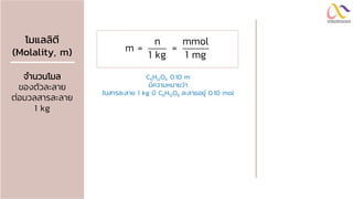 โมแลลิตี
(Molality, m)
จานวนโมล
ของตัวละลาย
ต่อมวลสารละลาย
1 kg
n mmol
m = =
1 kg 1 mg
C6H12O6 0.10 m
มีความหมายว่า
ในสารละลาย 1 kg มี C6H12O6 ละลายอยู่ 0.10 mol
 