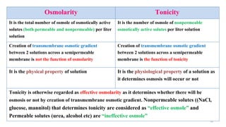 26
Osmolarity Tonicity
It is the total number of osmole of osmotically active
solutes (both permeable and nonpermeable) per liter
solution
It is the number of osmole of nonpermeable
osmotically active solutes per liter solution
Creation of transmembrane osmotic gradient
between 2 solutions across a semipermeable
membrane is not the function of osmolarity
Creation of transmembrane osmotic gradient
between 2 solutions across a semipermeable
membrane is the function of tonicity
It is the physical property of solution It is the physiological property of a solution as
it determines osmosis will occur or not
Tonicity is otherwise regarded as effective osmolarity as it determines whether there will be
osmosis or not by creation of transmembrane osmotic gradient. Nonpermeable solutes ((NaCl,
glucose, mannitol) that determines tonicity are considered as “effective osmole” and
Permeable solutes (urea, alcohol etc) are “ineffective osmole”
 
