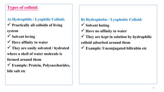 37
Types of colloid:
A) Hydrophilic / Lyophilic Colloid:
 Practically all colloids of living
system
 Solvent loving
 Have affinity to water
 They are easily solvated / hydrated
where a shell of water molecule is
formed around them
 Example: Protein, Polysaccharides,
bile salt etc
B) Hydrophobic / Lyophobic Colloid:
 Solvent hating
 Have no affinity to water
 They are kept in solution by hydrophilic
colloid adsorbed around them
 Example: Unconjugated bilirubin etc
 