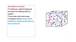 39
Brownian movement:
 Continuous, rapid & haphazard
movement of colloid particles in
solution
 Seen under ultra microscope
 It happens due to uninterrupted
buffeting on colloid particle given by
solvent molecules
 