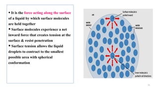 55
 It is the force acting along the surface
of a liquid by which surface molecules
are held together
 Surface molecules experience a net
inward force that creates tension at the
surface & resist penetration
 Surface tension allows the liquid
droplets to contract to the smallest
possible area with spherical
conformation
 