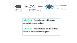 59
Adsorbate : The substance which gets
adsorbed on any surface
Adsorbent : The substance on the surface
of which adsorption takes place
 
