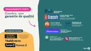 Gandee, une
garantie de qualité
ENGAGEMENTS FORTS
Good Raising
Network
French Impact, de la
Coalition 10%
France Digitale
initiée par le Haut-Commissariat
à l’économie sociale et solidaire
1ère communauté tech
française et européenne
Founder Program
de Station F
sélectionné au
Bénéficiaire du
Label ADN ESS
en tant que structure à
fort impact social.
Nous reversons un %
de notre CA à nos
associations partenaires.
%
ILS PARLENT DE NOUS
1er au classement Zei
dans notre secteur !
Engagé pour le
développement durable
 