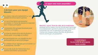 Caractéristiques
Pas de limite de participants
Durée variable
Le sport seul mais ensemble !
Marcher, courir, faire du vélo, de la trottinette…
quelque soit le niveau, tous le monde peut participer
à cet événement sportif et solidaire en virtuel ou en
présentiel, sur une ou plusieurs journée, pour
motiver les troupes autour d’un live de plusieurs
heures animé par un passionné.
3 formats pour une équipé
boostée :
La création de votre événement sur une
plateforme d'inscription sportive
Un lien d'inscription personnalisé
La création et l'envoi de dossard à imprimer
pour chaque participant
L'animation d'un groupe Facebook privé
créé pour l'occasion
La mise en oeuvre d'un live de plusieurs
heures pour encourager et motiver
les participants sur une plateforme leur
permettant de se voir et d'échanger
La création d'une cagnotte personnalisée sur
la plateforme "Gandee"
L'envoi dès la fin de l'événement d'un
diplôme de finisher personnalisé
 