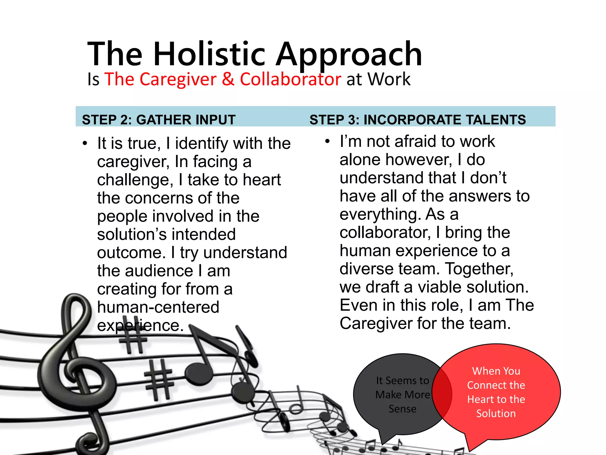 • I’m not afraid to work
alone however, I do
understand that I don’t
have all of the answers to
everything. As a
collaborator, I bring the
human experience to a
diverse team. Together,
we draft a viable solution.
Even in this role, I am The
Caregiver for the team.
STEP 2: GATHER INPUT
• It is true, I identify with the
caregiver, In facing a
challenge, I take to heart
the concerns of the
people involved in the
solution’s intended
outcome. I try understand
the audience I am
creating for from a
human-centered
experience.
STEP 3: INCORPORATE TALENTS
The Holistic Approach
Is The Caregiver & Collaborator at Work
It Seems to
Make More
Sense
When You
Connect the
Heart to the
Solution
 
