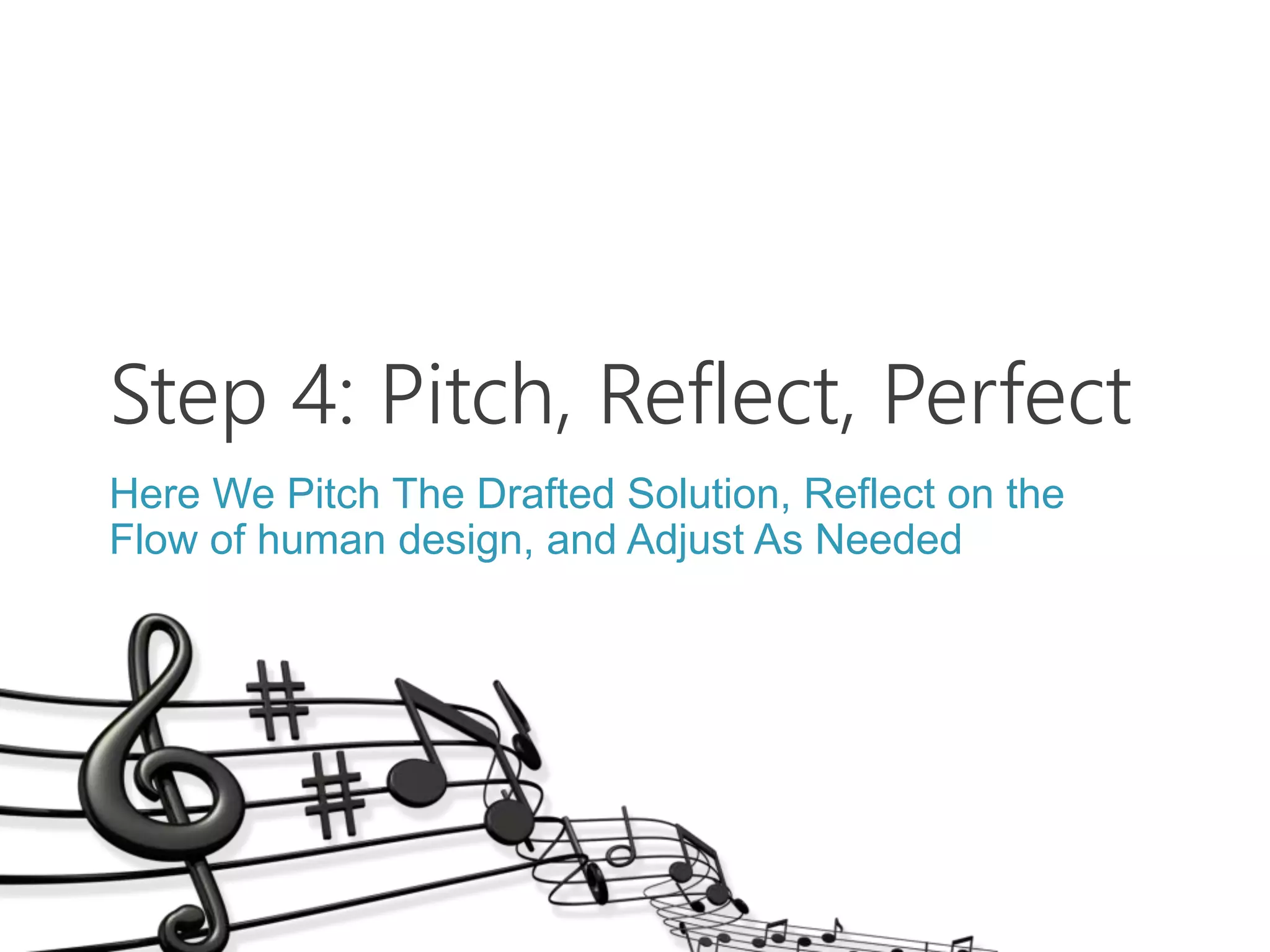 Step 4: Pitch, Reflect, Perfect
Here We Pitch The Drafted Solution, Reflect on the
Flow of human design, and Adjust As Needed
 