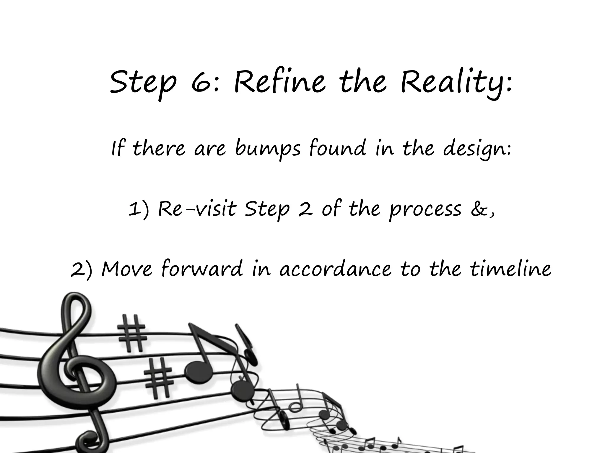 Step 6: Refine the Reality:
If there are bumps found in the design:
1) Re-visit Step 2 of the process &,
2) Move forward in accordance to the timeline
 