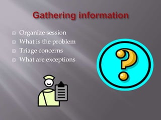  Organize session 
 What is the problem 
 Triage concerns 
 What are exceptions 
 