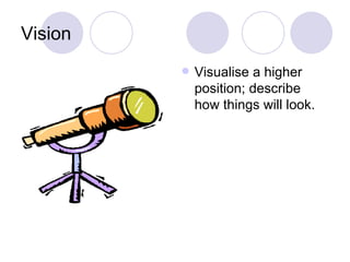 Vision
            Visualise a higher
             position; describe
             how things will look.
 