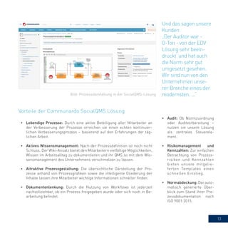 13
Und das sagen unsere
Kunden:
„Der Auditor war -
O-Ton - von der EDV
Lösung sehr beein-
druckt‘ und hat auch
die Norm sehr gut
umgesetzt gesehen.
Wir sind nun von den
Unternehmen unse-
rer Branche eines der
modernsten. ...“
•	 Lebendige Prozesse: Durch eine aktive Beteiligung aller Mitarbeiter an
der Verbesserung der Prozesse erreichen sie einen echten kontinuier-
lichen Verbesserungsprozess – basierend auf den Erfahrungen der täg-
lichen Arbeit.
•	 Aktives Wissensmanagement: Nach der Prozessdefinition ist noch nicht
Schluss. Der Wiki-Ansatz bietet den Mitarbeitern vielfältige Möglichkeiten,
Wissen im Arbeitsalltag zu dokumentieren und ihr QMS so mit dem Wis-
sensmanagement des Unternehmens verschmelzen zu lassen.
•	 Attraktive Prozessgestaltung: Die übersichtliche Darstellung der Pro-
zesse anhand von Prozessgrafiken sowie die intelligente Gliederung der
Inhalte lassen ihre Mitarbeiter wichtige Informationen schneller finden.
•	 Dokumentenlenkung: Durch die Nutzung von Workflows ist jederzeit
nachvollziehbar, ob ein Prozess freigegeben wurde oder sich noch in Be-
arbeitung befindet.
•	 Audit: Ob Normzuordnung
oder Auditvorbereitung –
nutzen sie unsere Lösung
als zentrales Steuerele-
ment.
•	 Risikomanagement und
Kennzahlen: Zur einfachen
Betrachtung von Prozess-
risiken und Kennzahlen
bieten unsere mitgelie-
ferten Templates einen
schnellen Einstieg.
•	 Normabdeckung:Derauto-
matisch generierte Über-
blick zum Stand ihrer Pro-
zessdokumentation nach
ISO 9001:2015.
Vorteile der Communardo SocialQMS Lösung
Bild: Prozessdarstellung in der SocialQMS-Lösung
 