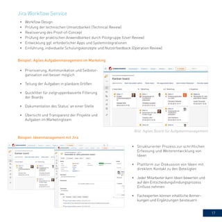 17
•	 Workflow Design
•	 Prüfung der technischen Umsetzbarkeit (Technical Review)
•	 Realisierung des Proof-of-Concept
•	 Prüfung der praktischen Anwendbarkeit durch Pilotgruppe (User Review)
•	 Entwicklung ggf. erforderlicher Apps und Systemintegrationen
•	 Einführung, individuelle Schulungskonzepte und Nutzerfeedback (Operation Review)
Bild: Agiles Board für Aufgabenmanagement
Beispiel: Agiles Aufgabenmanagement im Marketing
•	 Priorisierung, Kommunikation und Selbstor-
ganisation viel besser möglich
•	 Teilung der Aufgaben in planbare Größen
•	 Quickfilter für zielgruppenbasierte Filterung
der Boards
•	 Dokumentation des Status‘ an einer Stelle
•	 Übersicht und Transparenz der Projekte und
Aufgaben im Marketingteam
Beispiel: Ideenmanagement mit Jira
•	 Strukturierter Prozess zur schriftlichen
Erfassung und Weiterentwicklung von
Ideen
•	 Plattform zur Diskussion von Ideen mit
direktem Kontakt zu den Beteiligten
•	 Jeder Mitarbeiter kann Ideen bewerten und
auf den Entscheidungsfindungsprozess
Einfluss nehmen
•	 Fachexperten können inhaltliche Anmer-
kungen und Ergänzungen beisteuern
Jira Workflow Service
 