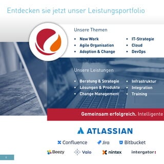 8
•	 Infrastruktur
•	 Integration
•	 Training
•	 Beratung & Strategie
•	 Lösungen & Produkte
•	 Change Management
Unsere Leistungen
•	 IT-Strategie
•	 Cloud
•	 DevOps
•	 New Work
•	 Agile Organisation
•	 Adoption & Change
Unsere Themen
Gemeinsam erfolgreich. Intelligente
Entdecken sie jetzt unser Leistungsportfolio
 