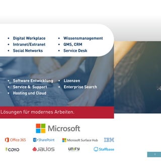 9
•	 Software Entwicklung
•	 Service & Support
•	 Hosting und Cloud
•	 Wissensmanagement
•	 QMS, CRM
•	 Service Desk
•	 Digital Workplace
•	 Intranet/Extranet
•	 Social Networks
Lösungen für modernes Arbeiten.
•	 Lizenzen
•	 Enterprise Search
 