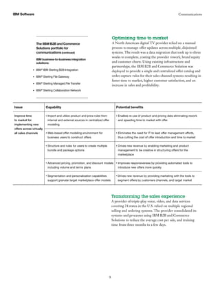 CommunicationsIBM Software
3
Optimizing time to market
A North American digital TV provider relied on a manual
process to manage offer updates across multiple, disjointed
systems. The result was a data migration that took up to three
weeks to complete, costing the provider rework, brand equity
and customer churn. Using existing infrastructure and
partnerships, the IBM B2B and Commerce Solution was
deployed to provide a single and centralized offer catalog and
order capture rules for their sales channel systems resulting in
faster time to market, higher customer satisfaction, and an
increase in sales and profitability.
Issue Capability Potential benefits
Improve time
to market for
implementing new
offers across virtually
all sales channels
• Import and utilize product and price rules from
internal and external sources in centralized offer
modeling
• Enables re-use of product and pricing data eliminating rework
and speeding time to market with offer
• Web-based offer modeling environment for
business users to construct offers
• Eliminates the need for IT to lead offer management efforts,
thus cutting the cost of offer introduction and time to market
• Structure and rules for users to create multiple
bundle and package options
• Drives new revenue by enabling marketing and product
management to be creative in structuring offers for the
marketplace
• Advanced pricing, promotion, and discount models
including volume and terms plans
• Improves responsiveness by providing automated tools to
introduce new offers more quickly
• Segmentation and personalization capabilities
support granular target marketplace offer models
• Drives new revenue by providing marketing with the tools to
segment offers by customers channels, and target market
The IIBM B2B and Commerce
Solutions portfolio for
communications (continued)
IBM business-to-business integration
solutions:
IBM•	 ®
IBM Sterling B2B Integration
IBM•	 ®
Sterling File Gateway
IBM•	 ®
Sterling Managed File Transfer
IBM•	 ®
Sterling Collaboration Network
Transforming the sales experience
A provider of triple-play voice, video, and data services
covering 24 states in the U.S. relied on multiple regional
selling and ordering systems. The provider consolidated its
systems and processes using IBM B2B and Commerce
Solutions to reduce the average cost per sale, and training
time from three months to a few days.
 